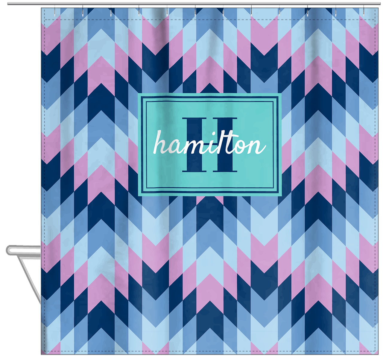 Personalized Funky Arrows Shower Curtain - Blue - Rectangle Nameplate - Hanging View