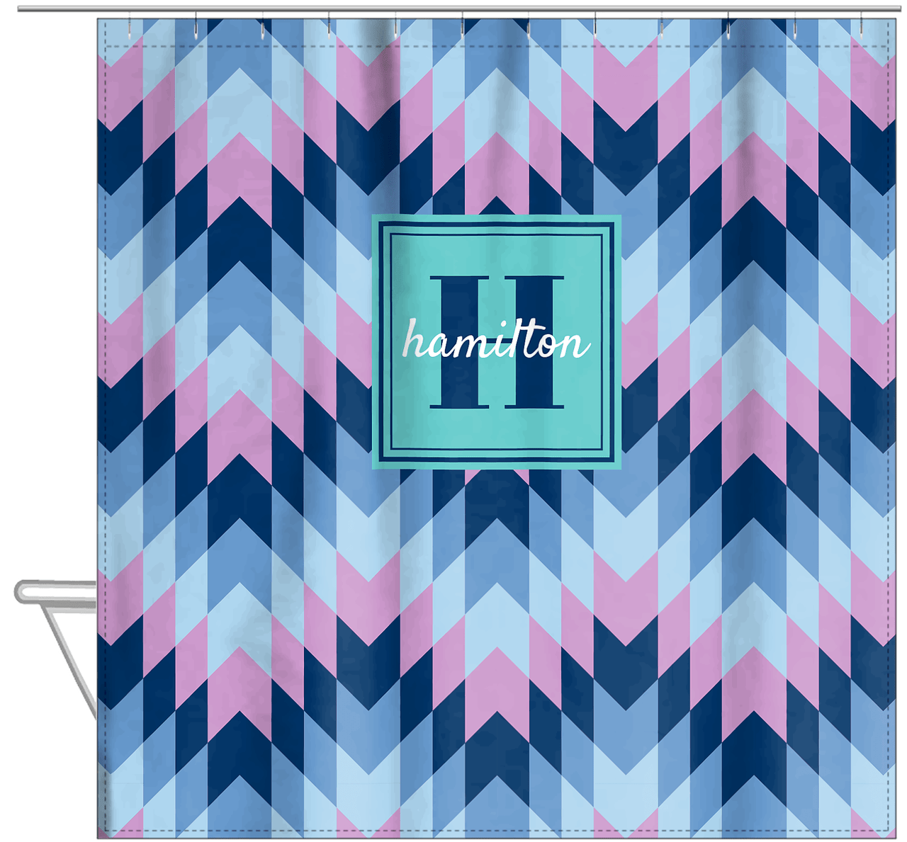 Personalized Funky Arrows Shower Curtain - Blue - Square Nameplate - Hanging View