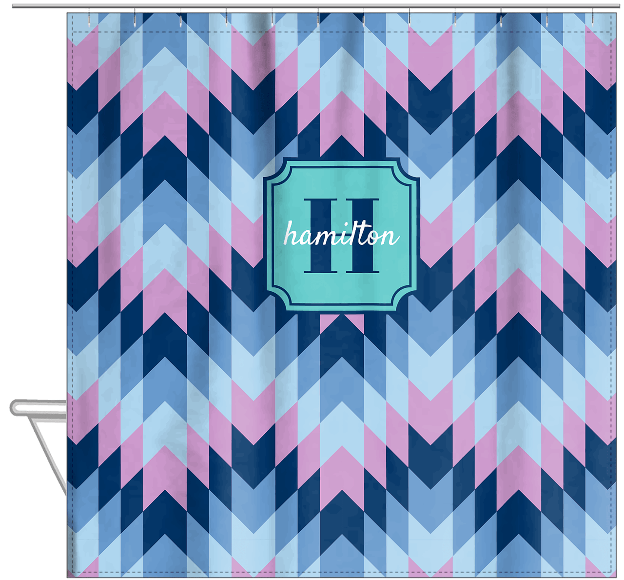 Personalized Funky Arrows Shower Curtain - Blue - Stamp Nameplate - Hanging View