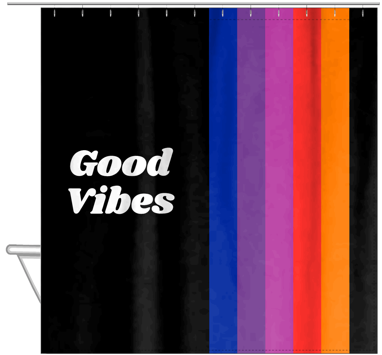 Personalized Fun Stripes Shower Curtain - Black Background - Good Vibes - Hanging View