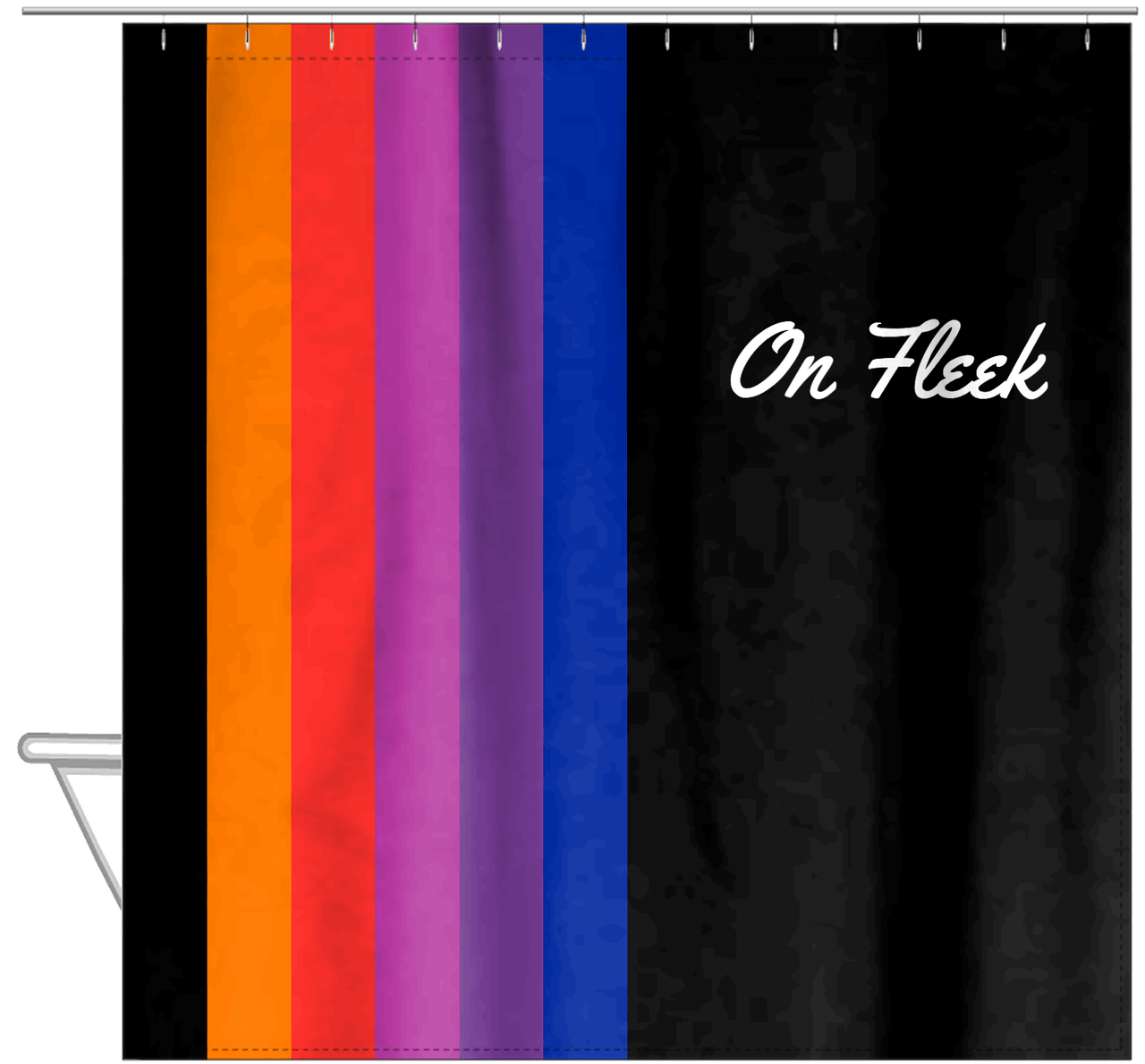 Personalized Fun Stripes Shower Curtain - Black Background - On Fleek - Hanging View