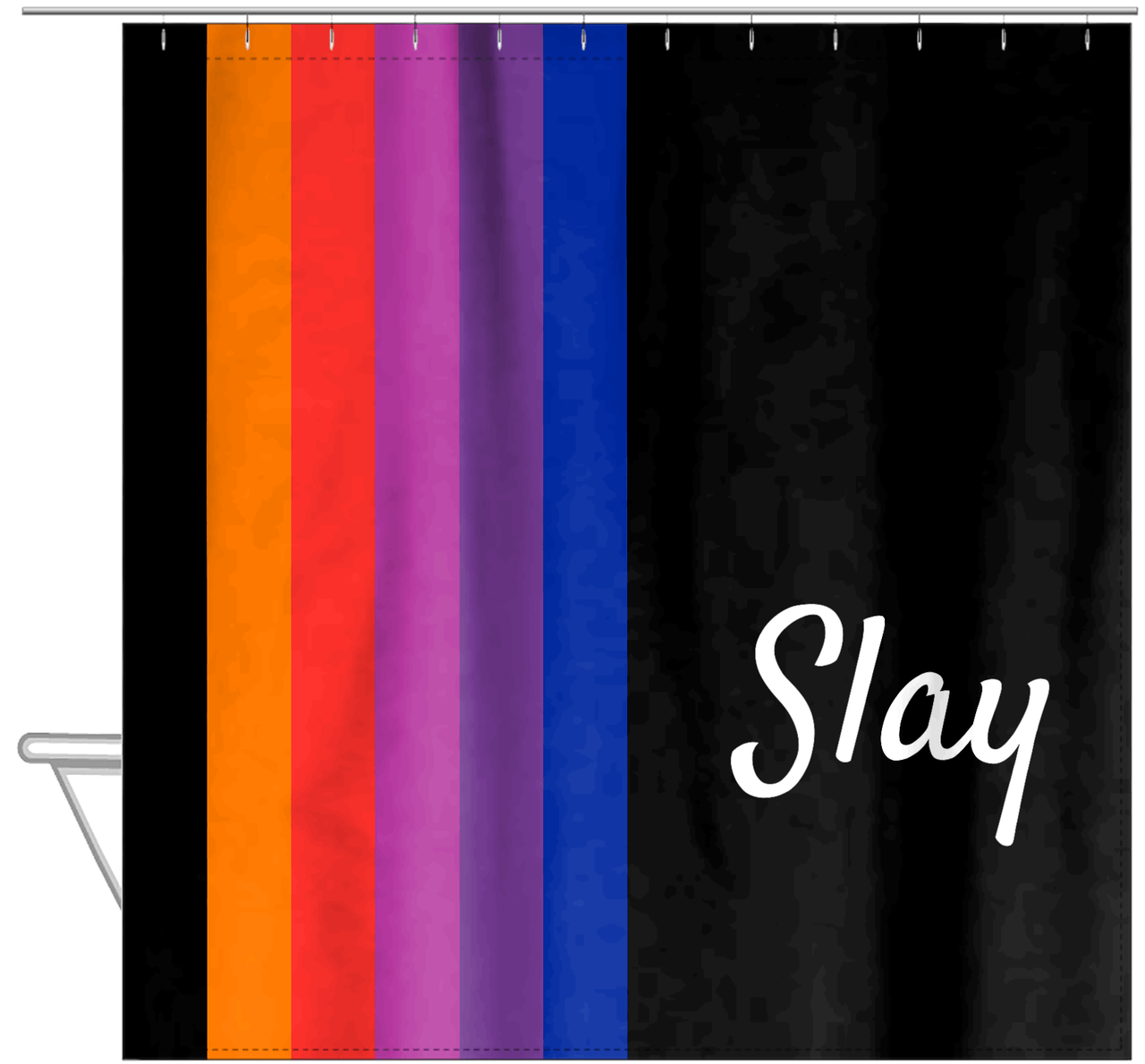 Personalized Fun Stripes Shower Curtain - Black Background - Slay - Hanging View