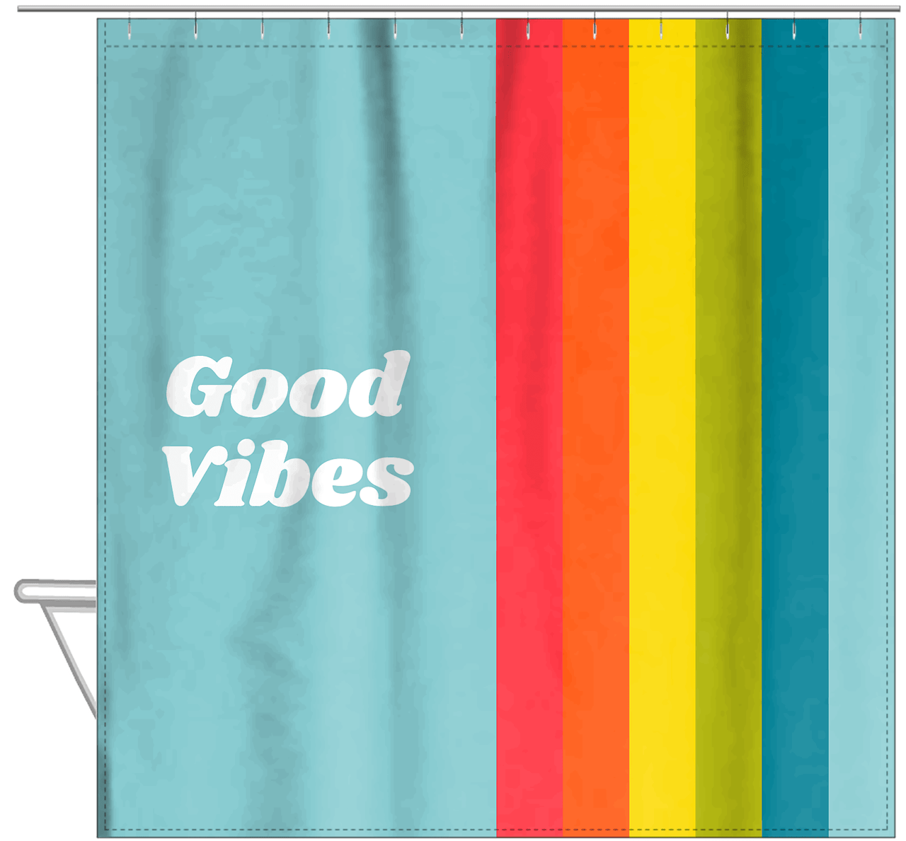 Personalized Fun Stripes Shower Curtain - Blue Background - Good Vibes - Hanging View