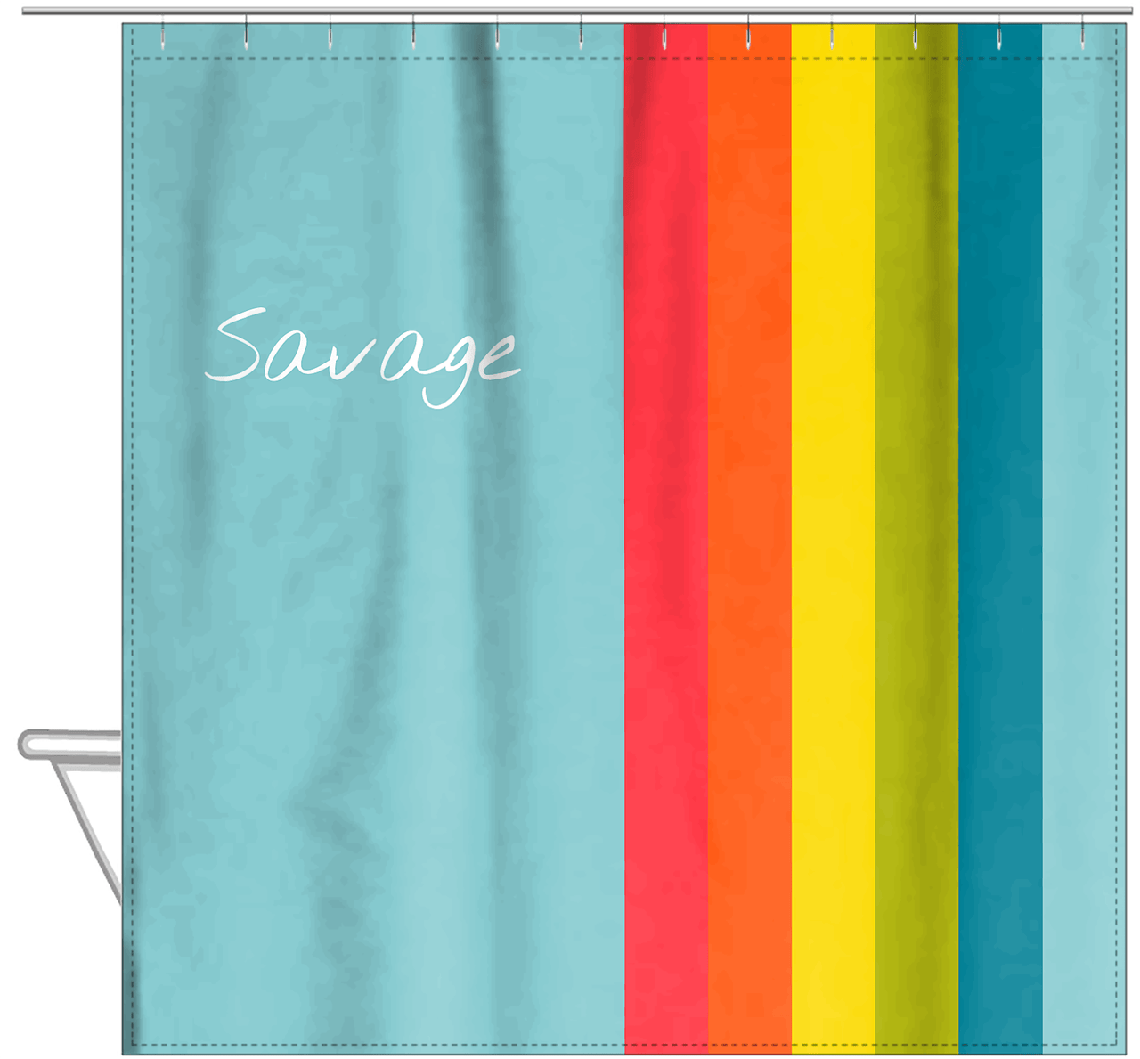Personalized Fun Stripes Shower Curtain - Blue Background - Savage - Hanging View