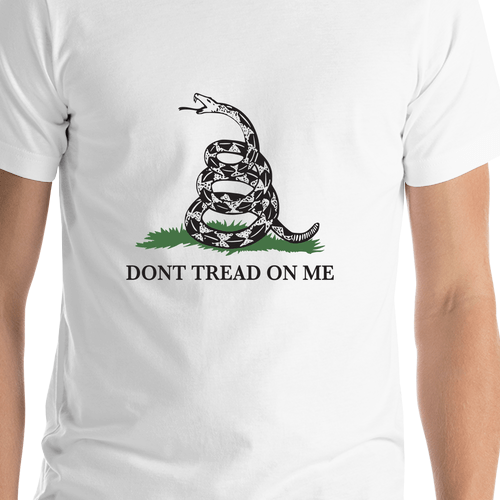 Gadsden Flag T-Shirt - White - Don't Tread On Me - Shirt Close-Up View