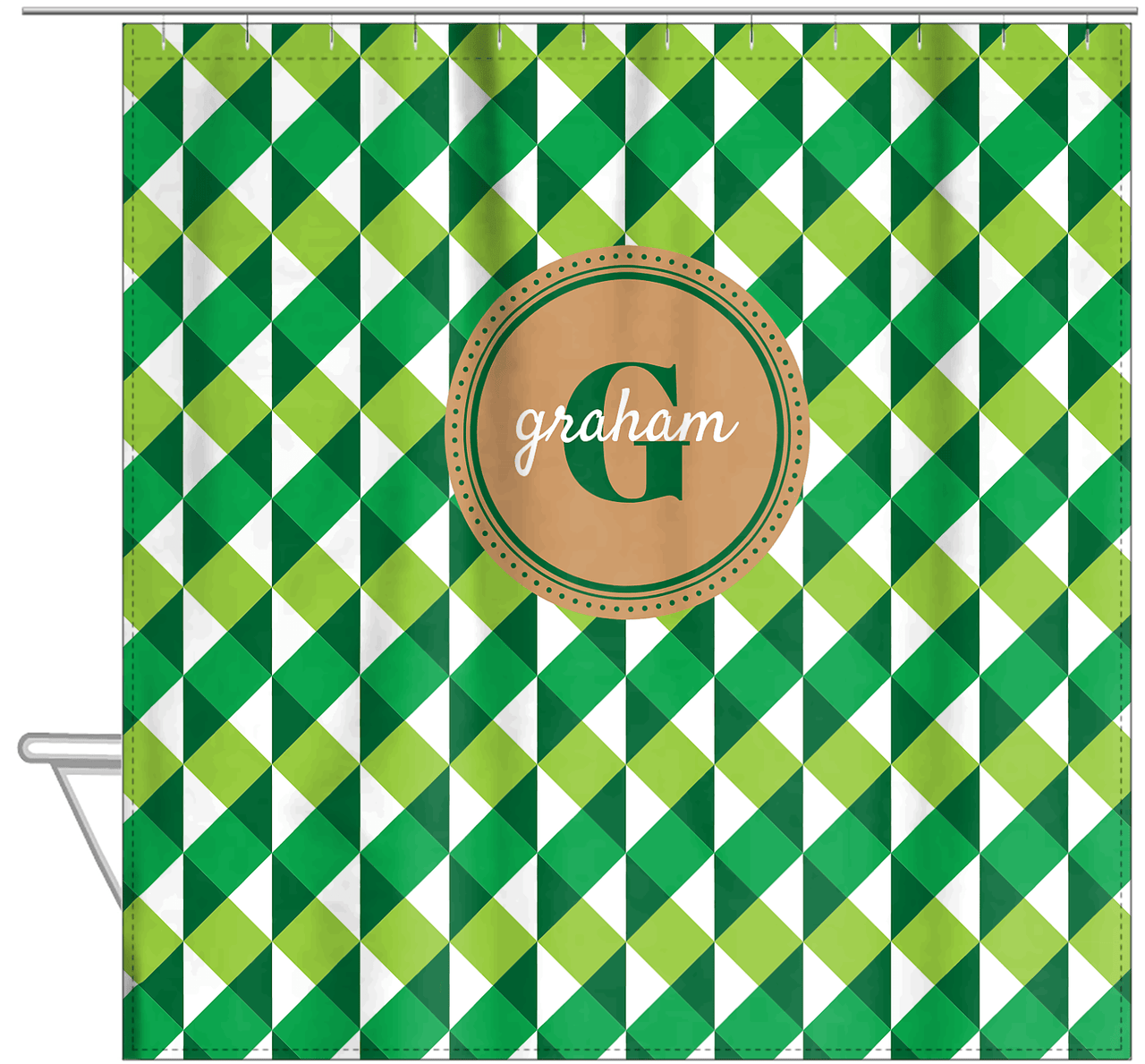 Personalized Geo Squared Shower Curtain - Green - Circle Nameplate - Hanging View