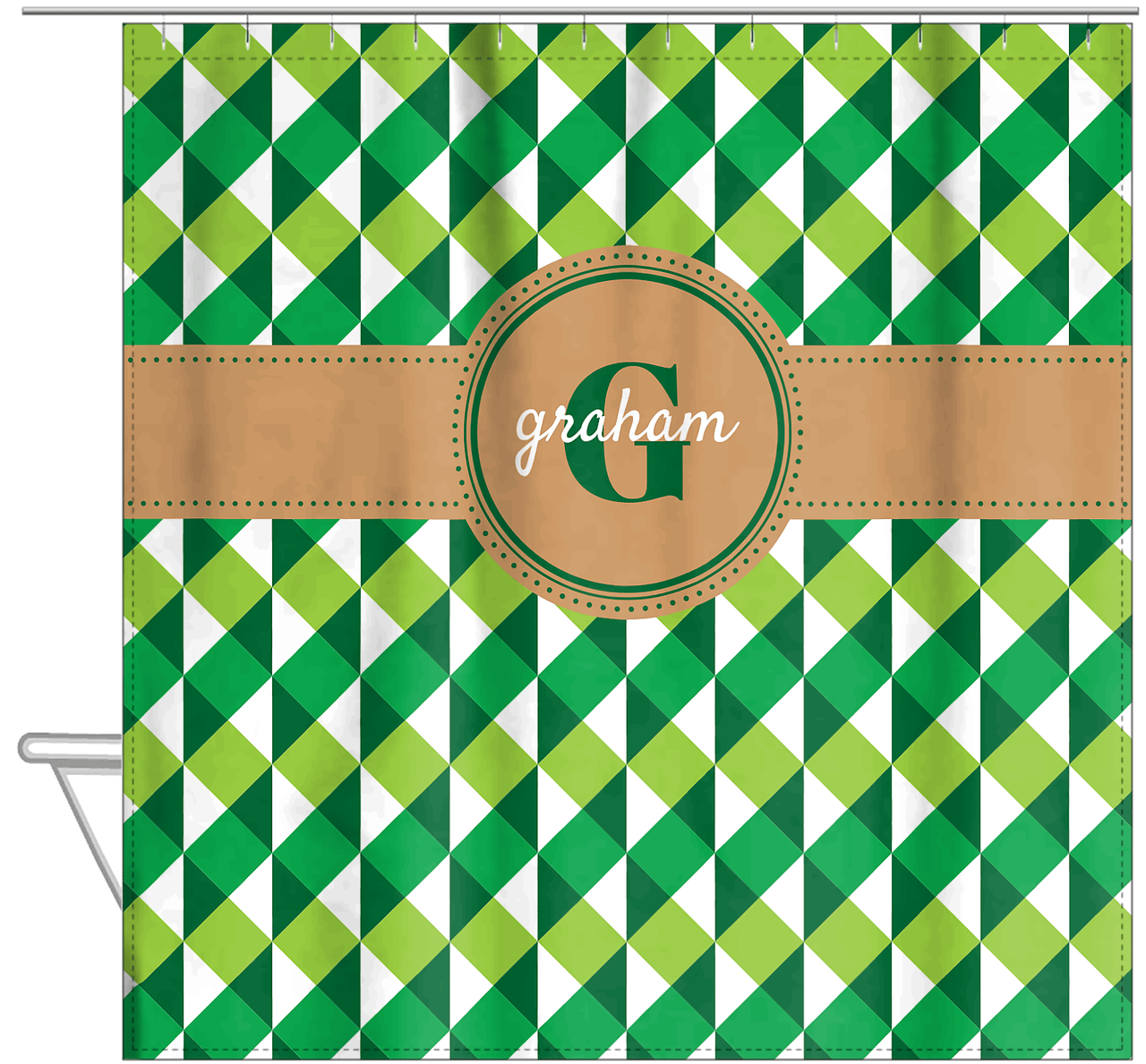 Personalized Geo Squared Shower Curtain - Green - Circle Ribbon Nameplate - Hanging View