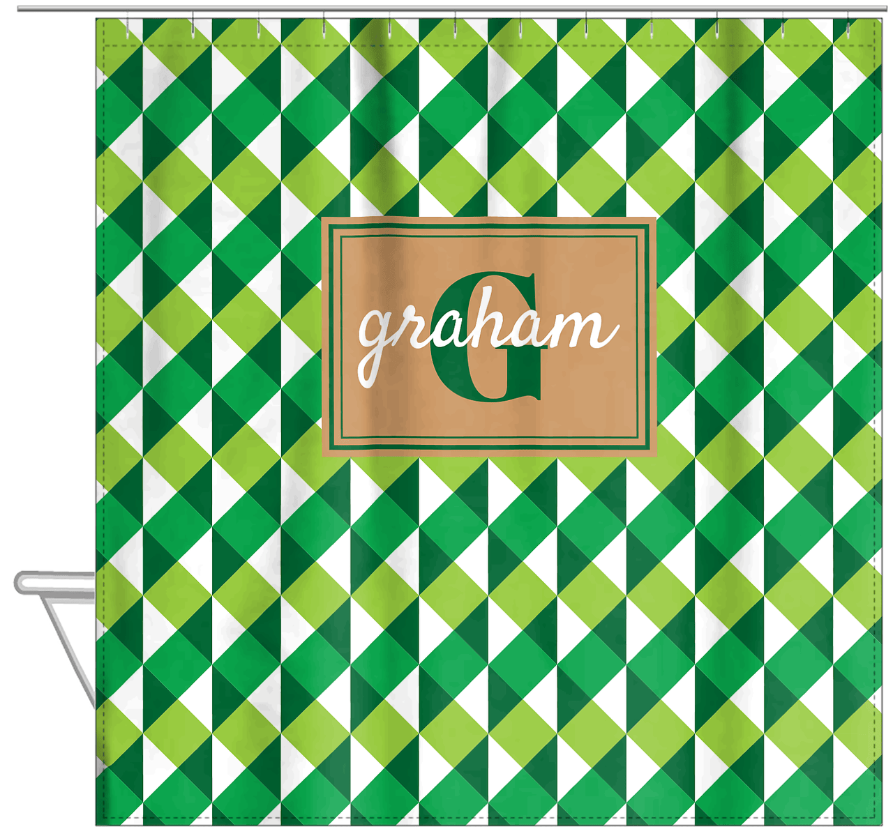 Personalized Geo Squared Shower Curtain - Green - Rectangle Nameplate - Hanging View