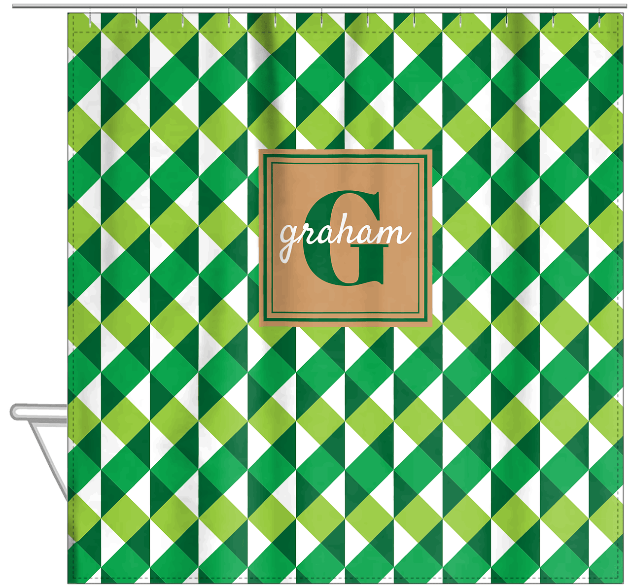 Personalized Geo Squared Shower Curtain - Green - Square Nameplate - Hanging View