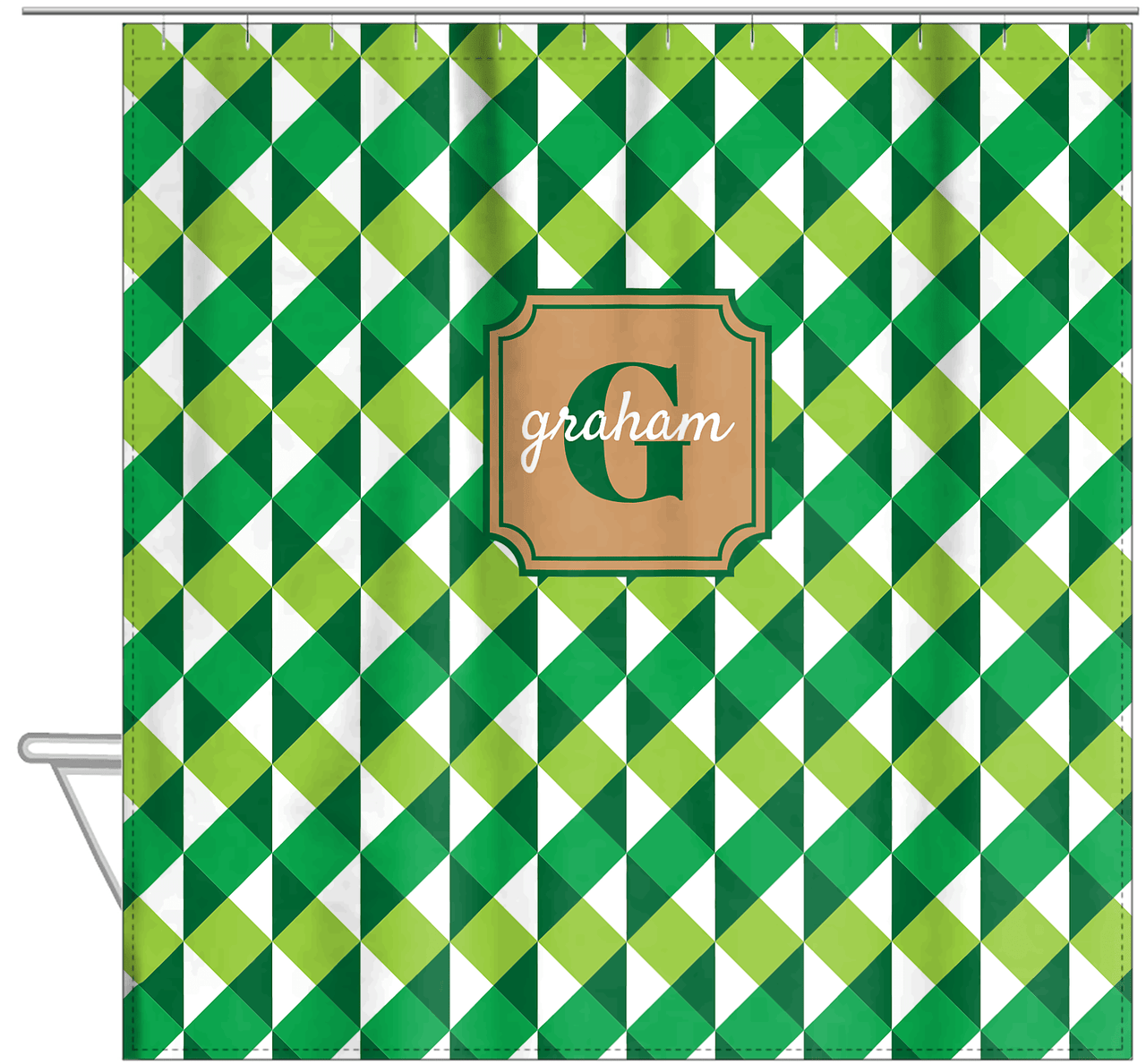 Personalized Geo Squared Shower Curtain - Green - Stamp Nameplate - Hanging View