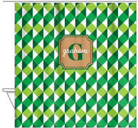 Thumbnail for Personalized Geo Squared Shower Curtain - Green - Stamp Nameplate - Hanging View