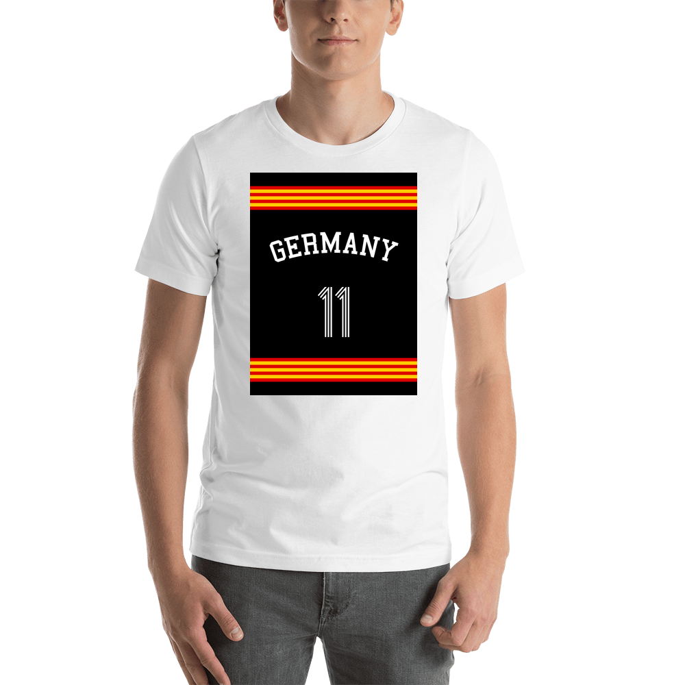 Personalized Germany Jersey Number T-Shirt - Triple Stripe with Arched Text - Shirt View