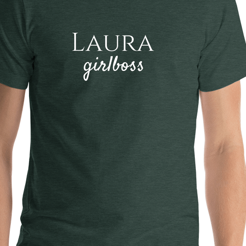 Personalized Girlboss T-Shirt - Heather Forest - Shirt Close-Up View