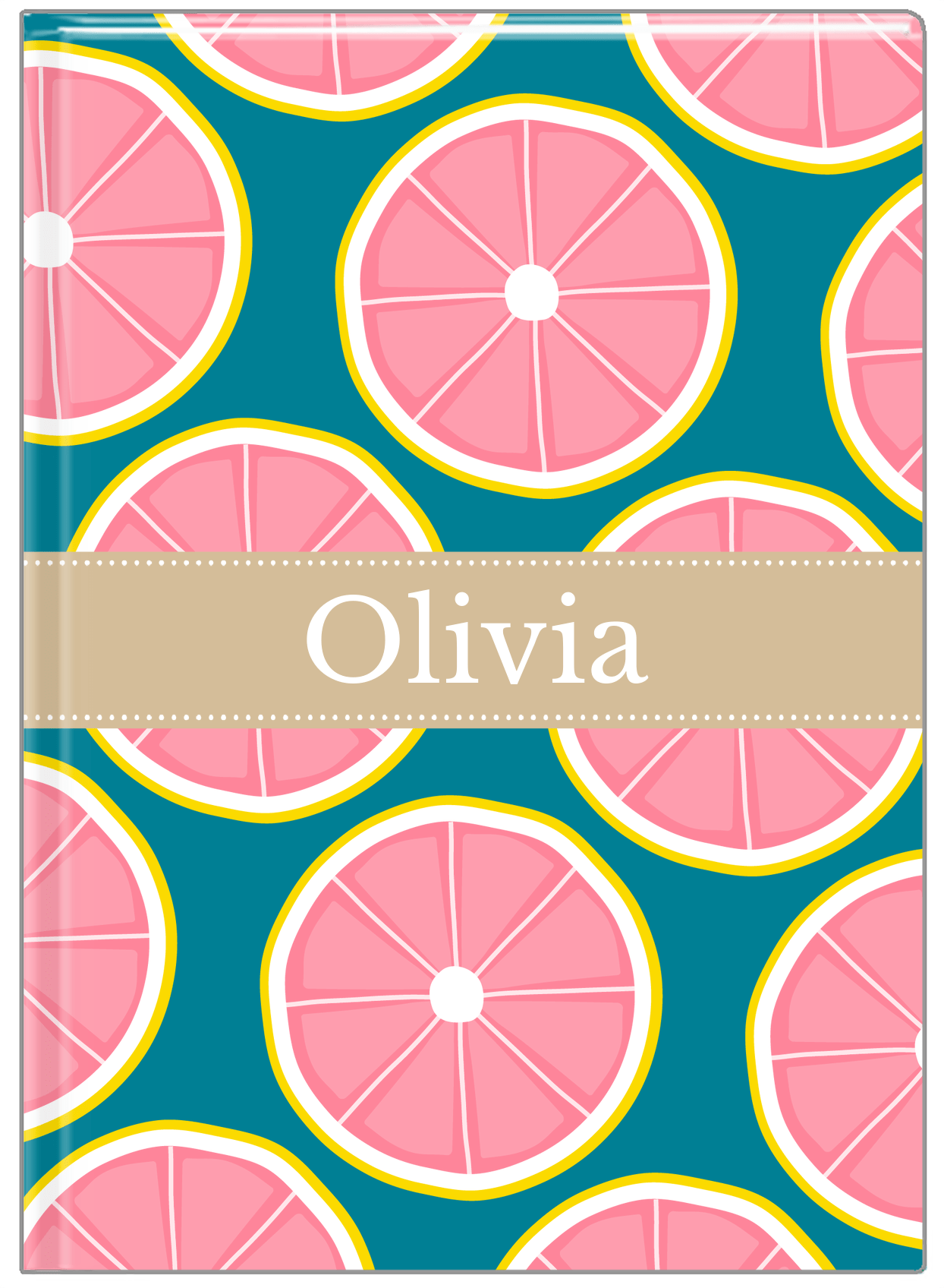 Personalized Grapefruit Journal - Teal Background - Ribbon Nameplate - Front View
