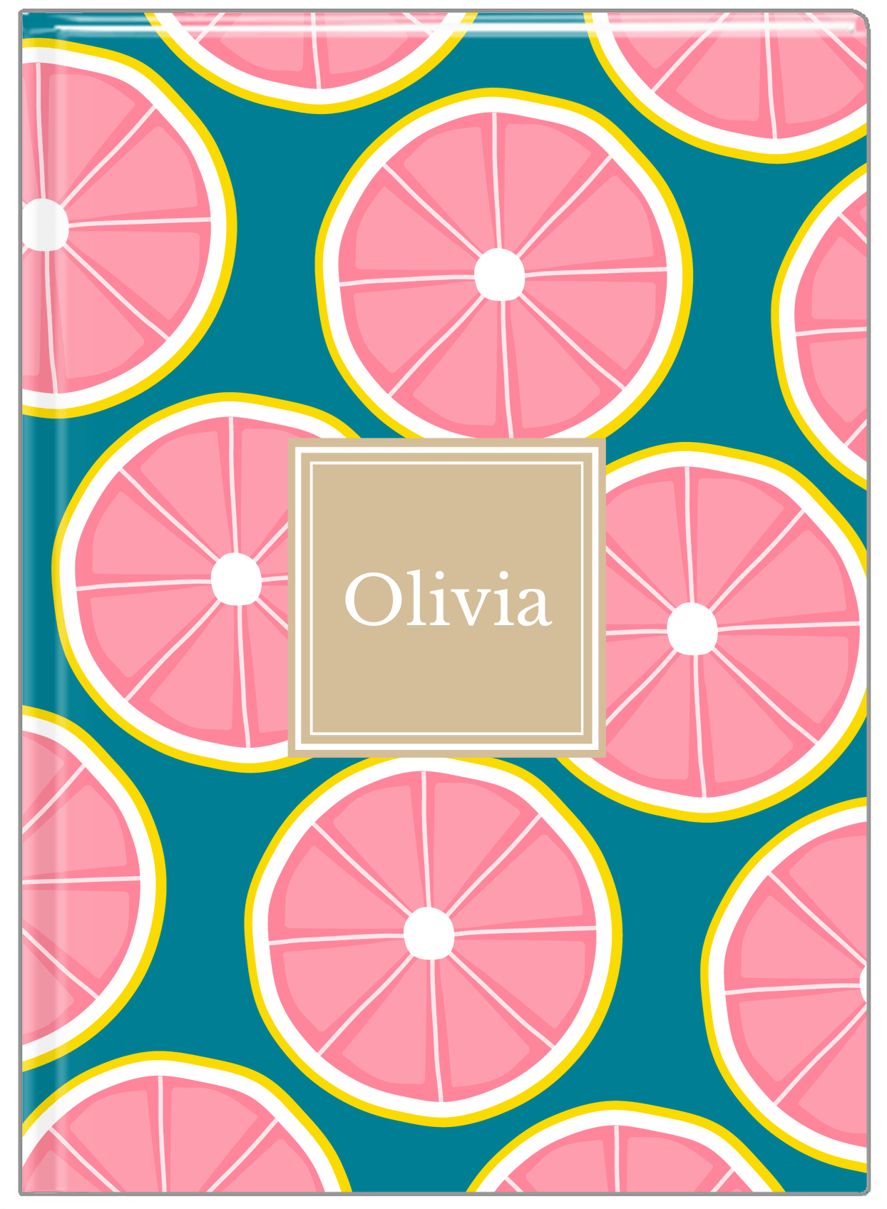 Personalized Grapefruit Journal - Teal Background - Square Nameplate - Front View