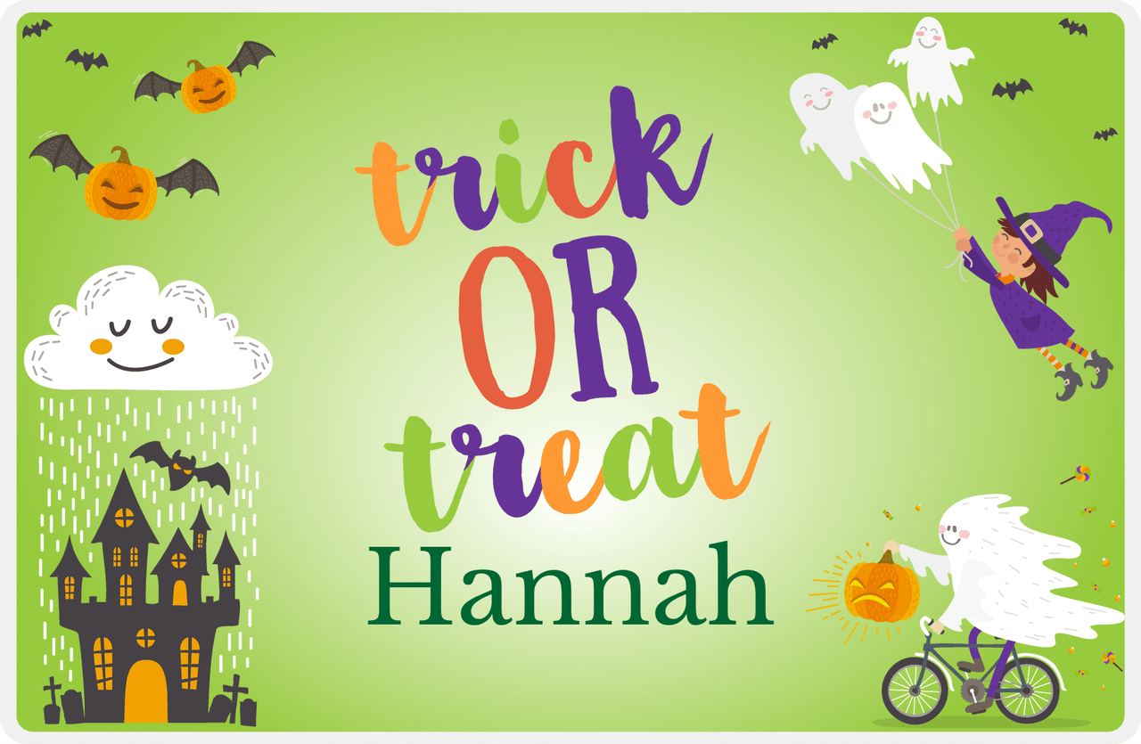 Personalized Halloween Placemat V - Cycling Ghost - Brunette Witch -  View