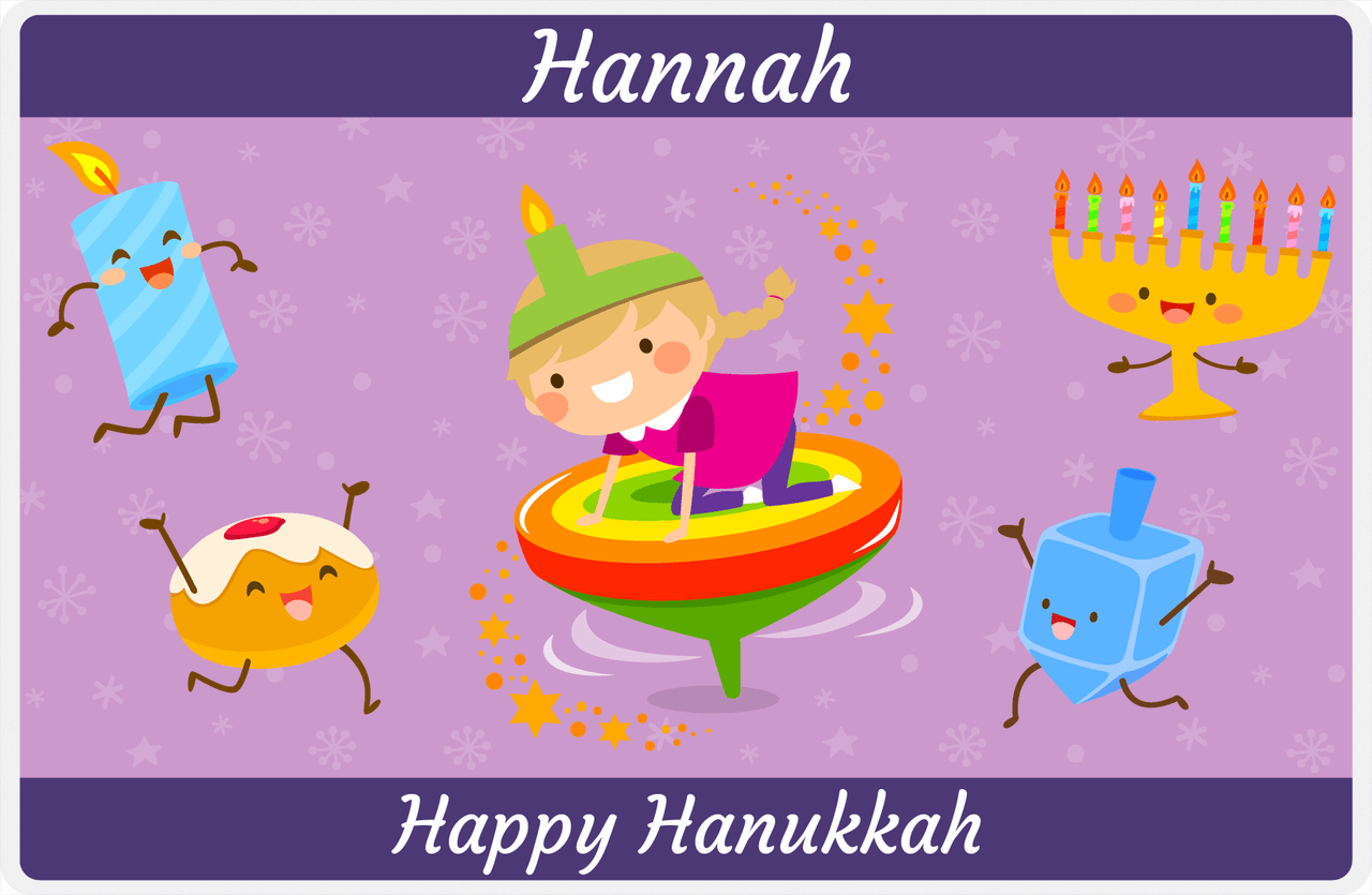 Personalized Hanukkah Placemat III - Rainbow Dreidel - Blonde Girl -  View