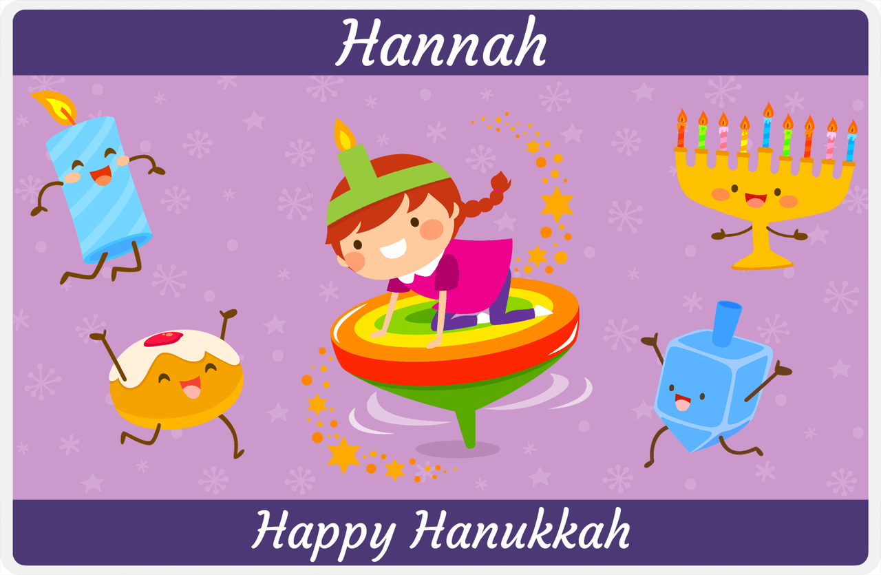 Personalized Hanukkah Placemat III - Rainbow Dreidel - Redhead Girl -  View