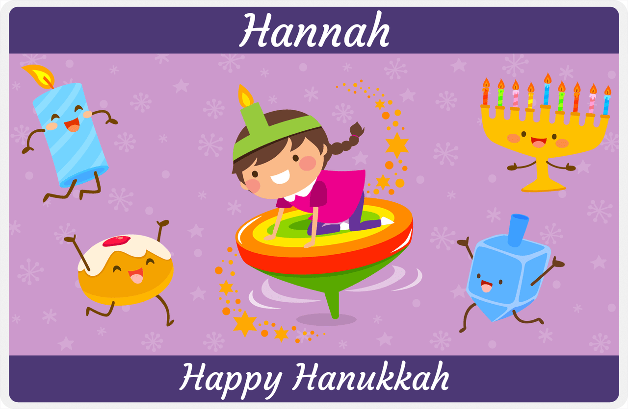 Personalized Hanukkah Placemat III - Rainbow Dreidel - Brunette Girl -  View
