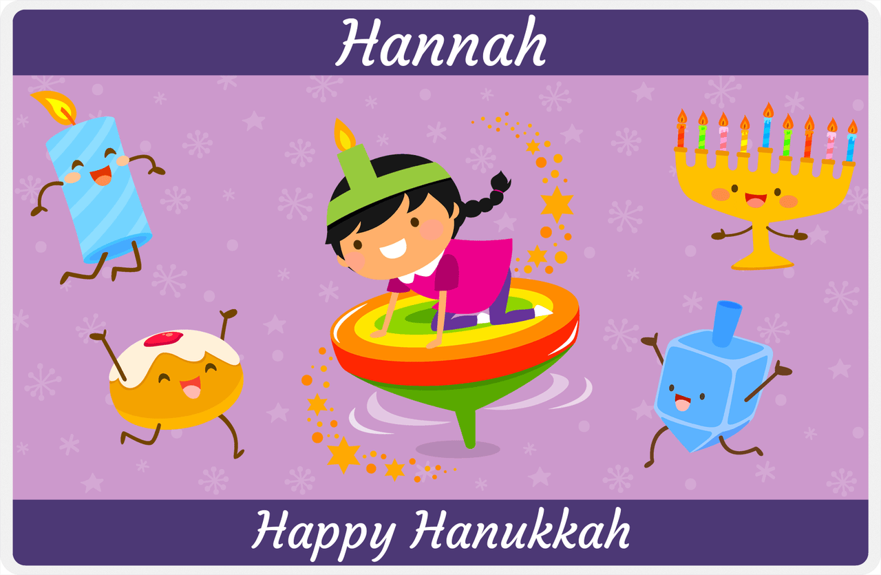 Personalized Hanukkah Placemat III - Rainbow Dreidel - Black Hair Girl -  View