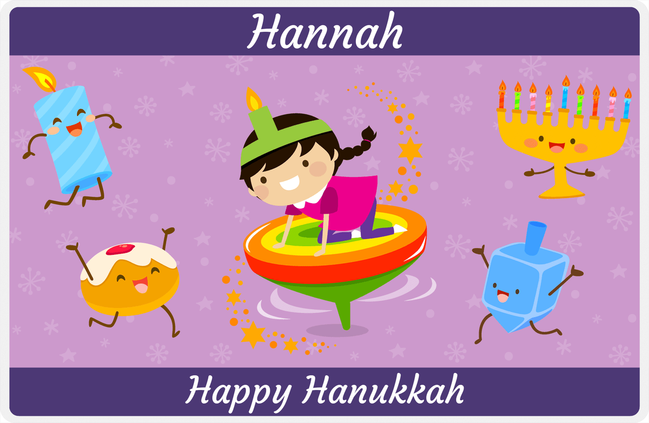 Personalized Hanukkah Placemat III - Rainbow Dreidel - Asian Girl -  View