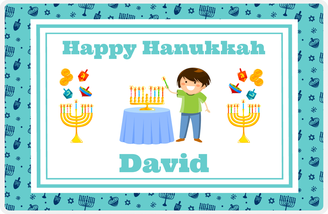 Personalized Hanukkah Placemat VIII - Menorah Lighting - Brown Hair Boy -  View