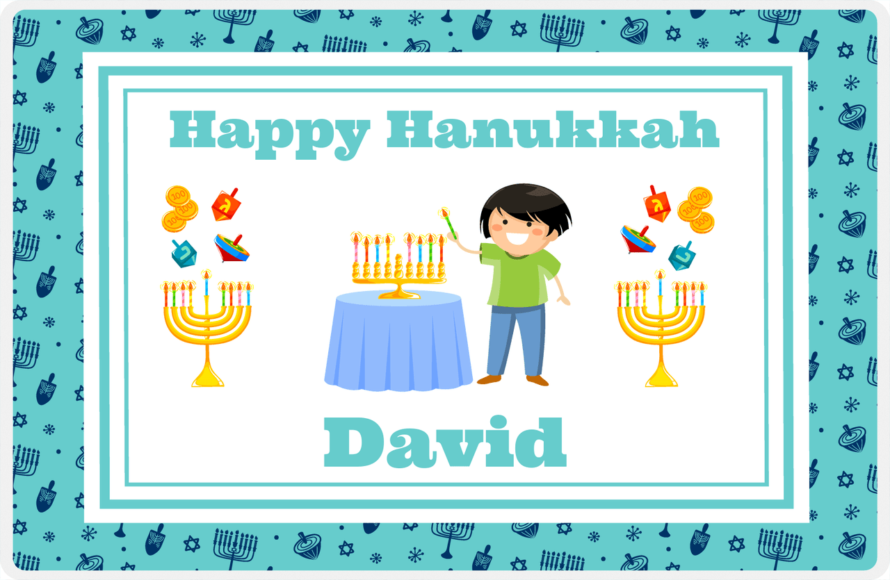 Personalized Hanukkah Placemat VIII - Menorah Lighting - Black Hair Boy -  View