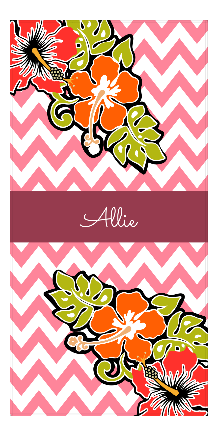 Personalized Hibiscus Flower Beach Towel I - Pink and White Chevron - Front View