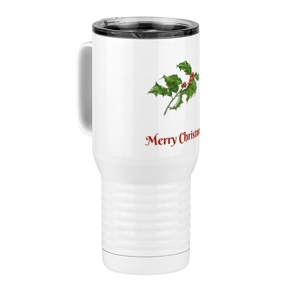 Personalized Holly Leaves Travel Coffee Mug Tumbler with Handle (20 oz) - Front print - Front Left View