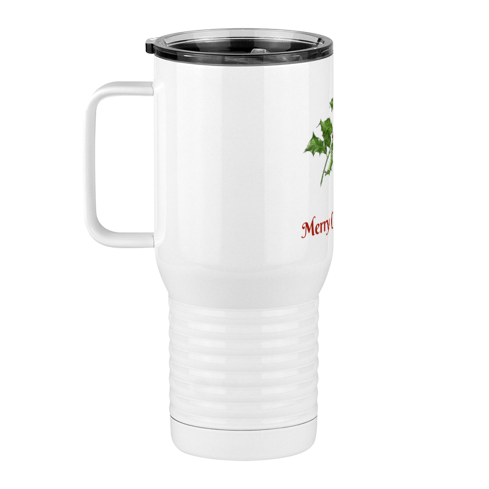 Personalized Holly Leaves Travel Coffee Mug Tumbler with Handle (20 oz) - Front print - Left View