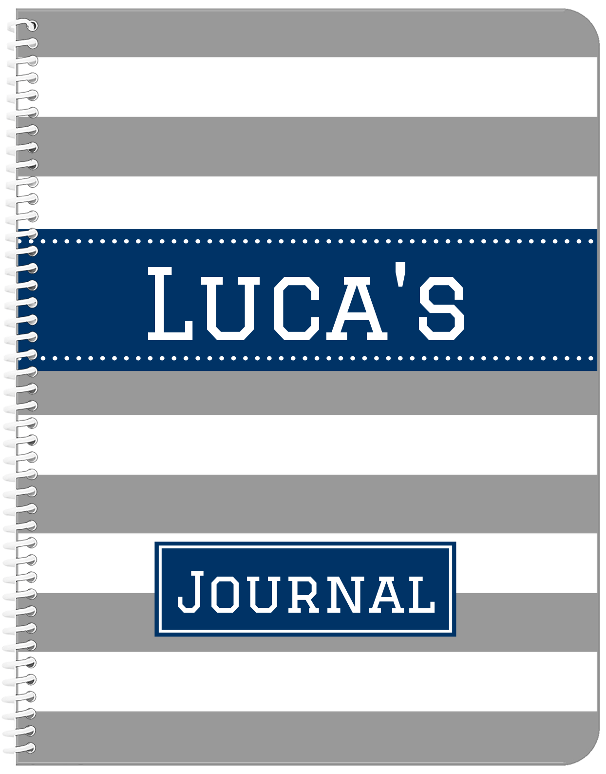 Personalized Horizontal Striped Notebook - Grey and Navy - Ribbon Nameplate - Front View