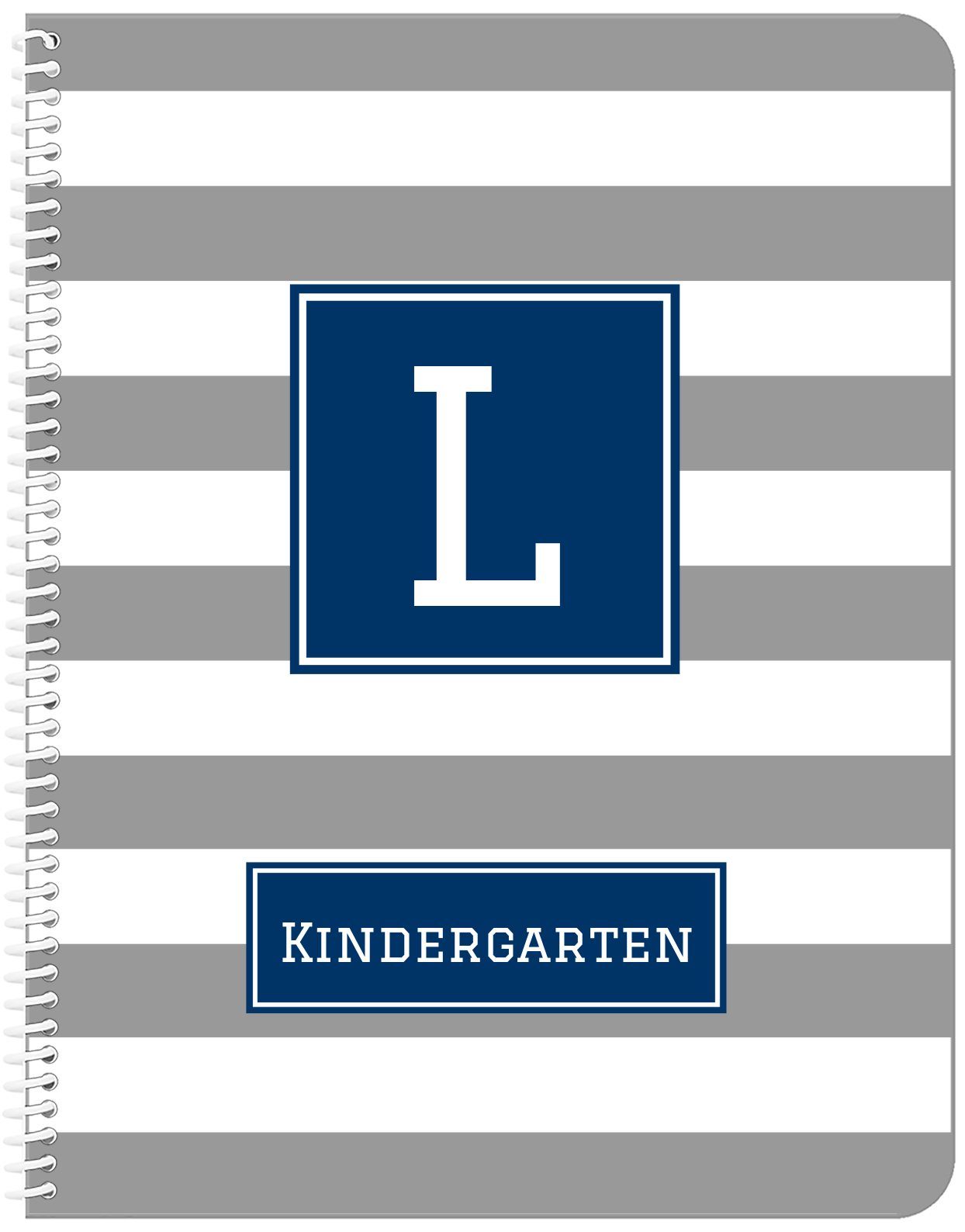 Personalized Horizontal Striped Notebook - Grey and Navy - Square Nameplate - Front View