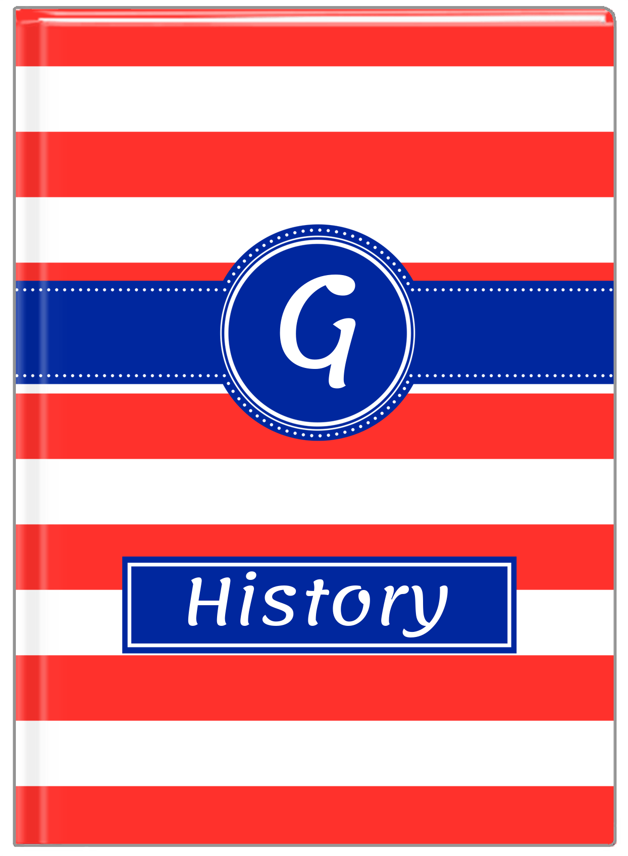 Personalized Horizontal Stripes Journal - Red and Blue - Circle Ribbon Nameplate - Front View
