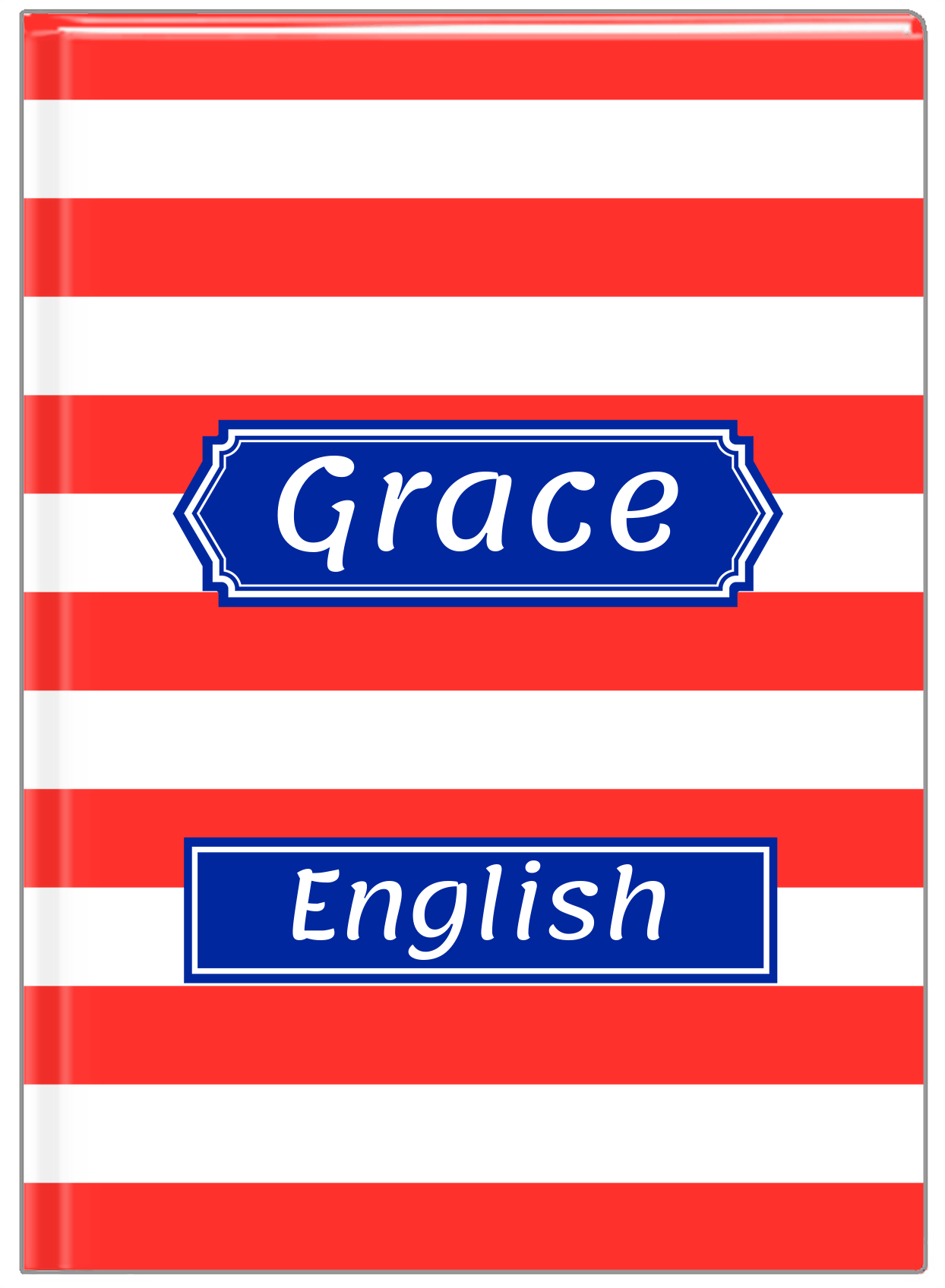 Personalized Horizontal Stripes Journal - Red and Blue - Decorative Rectangle Nameplate - Front View