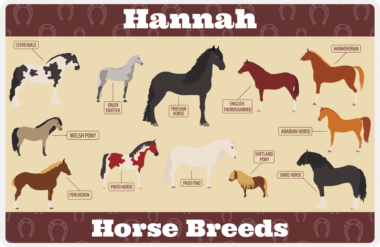Personalized Horse Placemat XI - Types of Horses - Tan Background -  View