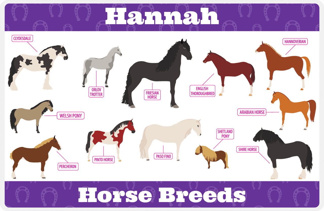 Personalized Horse Placemat XI - Types of Horses - White Background -  View