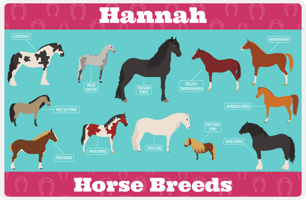 Personalized Horse Placemat XI - Types of Horses - Teal Background -  View