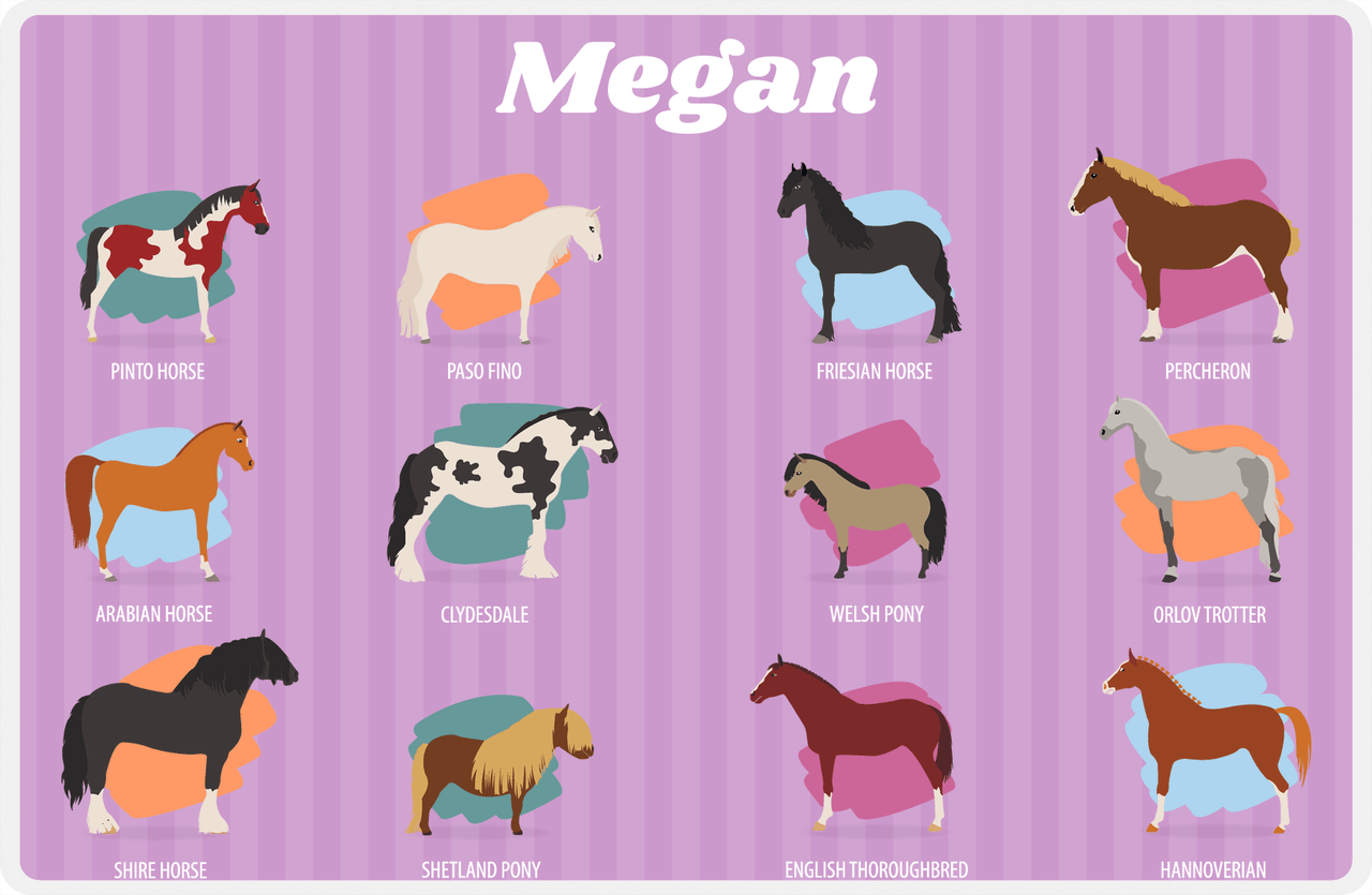Personalized Horse Placemat XIII - Types of Horses - Purple Background -  View