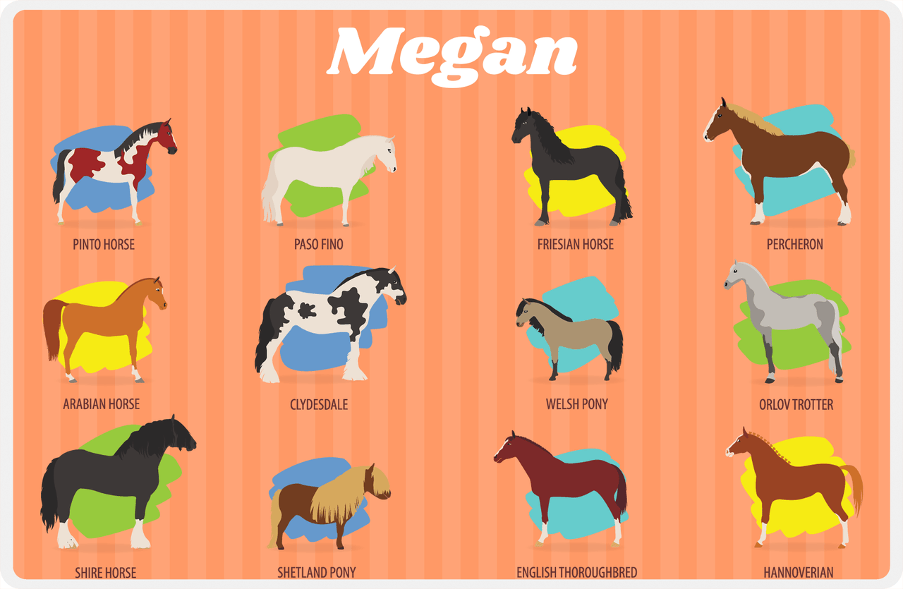 Personalized Horse Placemat XIII - Types of Horses - Orange Background -  View