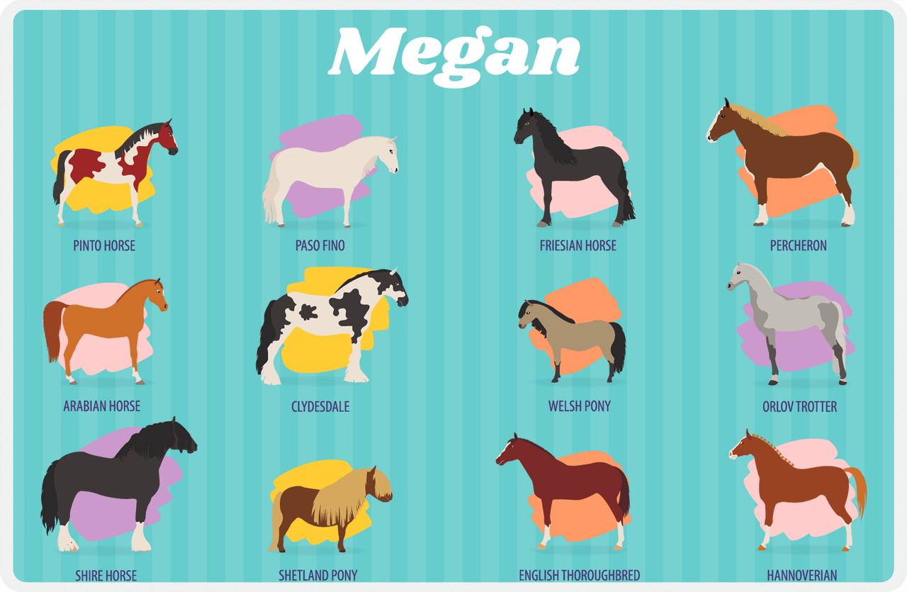 Personalized Horse Placemat XIII - Types of Horses - Teal Background -  View