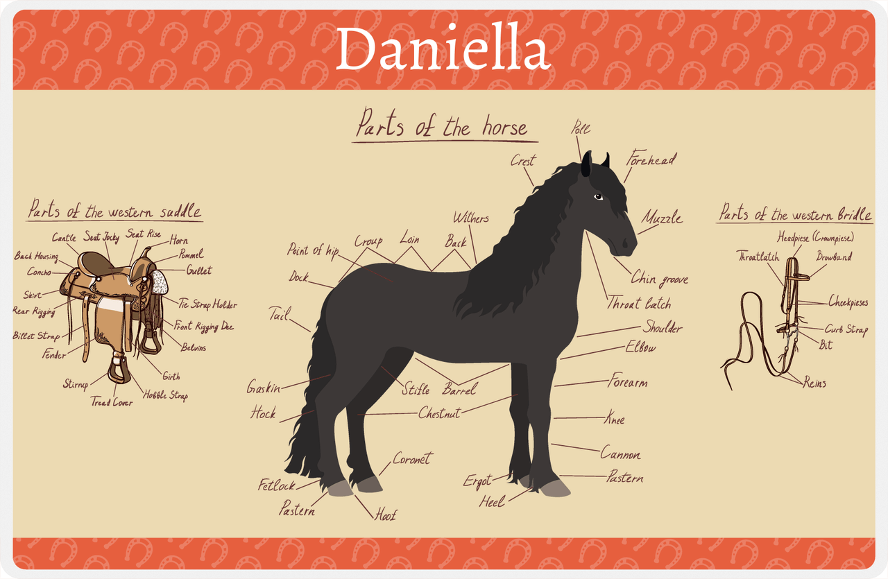 Personalized Horse Placemat XV - Horse Diagram - Friesian Horse -  View