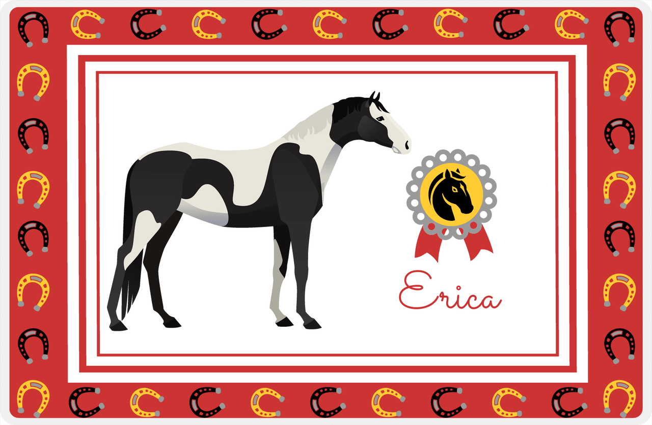 Personalized Horse Placemat IX - Red Background - Piebald Horse -  View