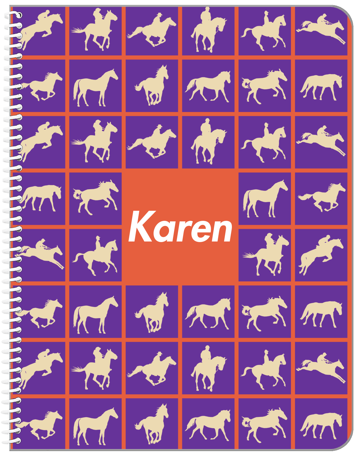 Personalized Horses Notebook VII - Horse Squares - Purple Background - Front View
