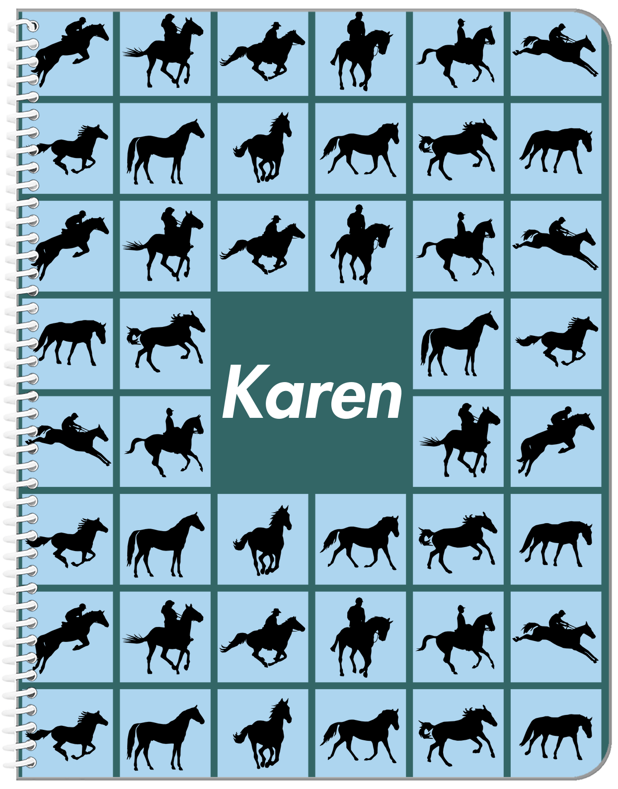 Personalized Horses Notebook VII - Horse Squares - Blue Background - Front View