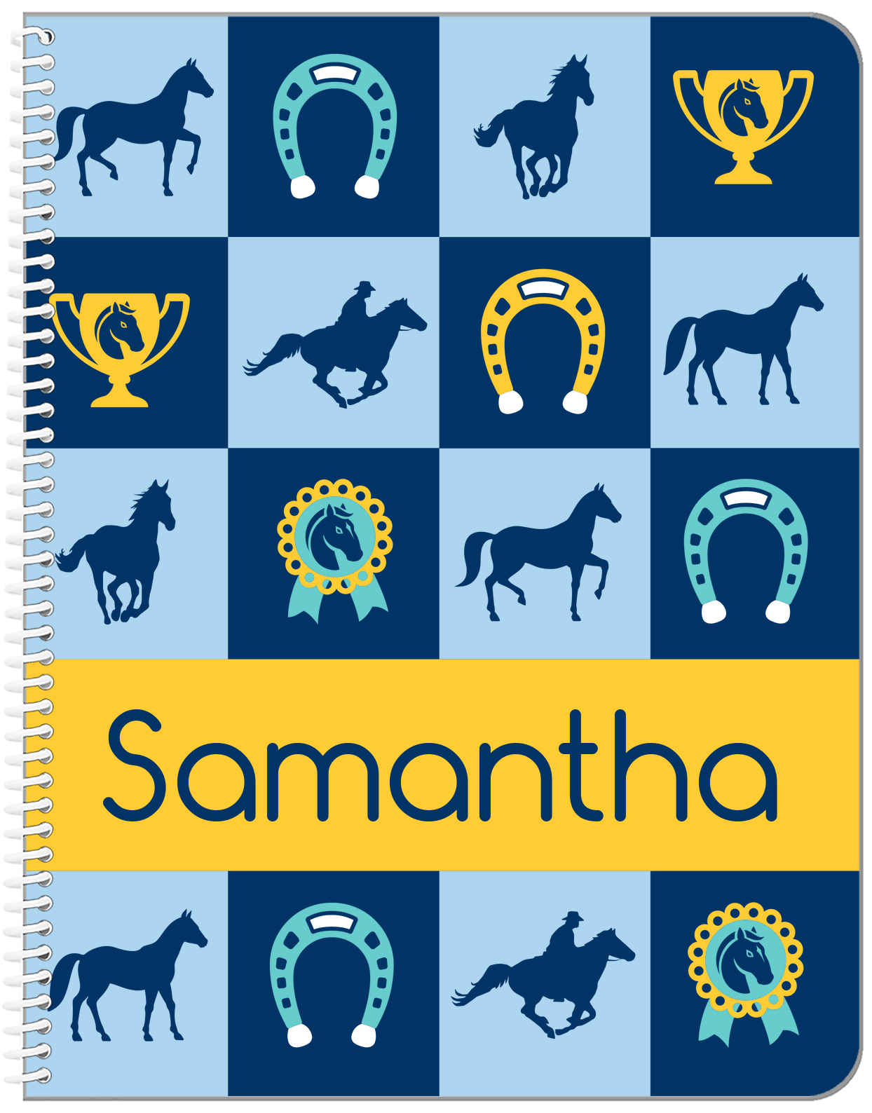 Personalized Horses Notebook X - Blue Checkerboard - Front View