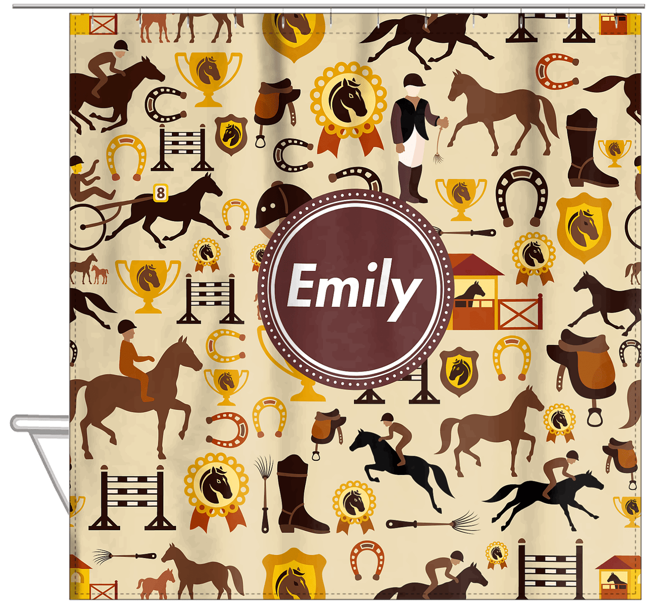 Personalized Horses Shower Curtain VI - Steeplechase - Circle Nameplate - Hanging View