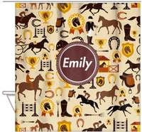 Thumbnail for Personalized Horses Shower Curtain VI - Steeplechase - Circle Nameplate - Hanging View