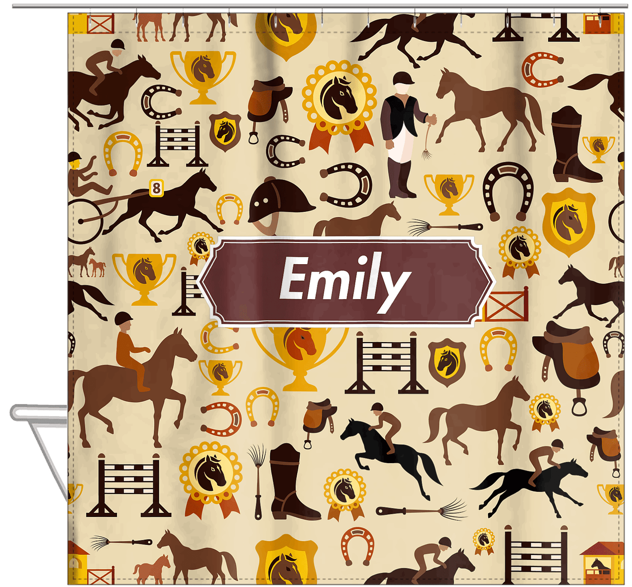 Personalized Horses Shower Curtain VI - Steeplechase - Decorative Rectangle Nameplate - Hanging View