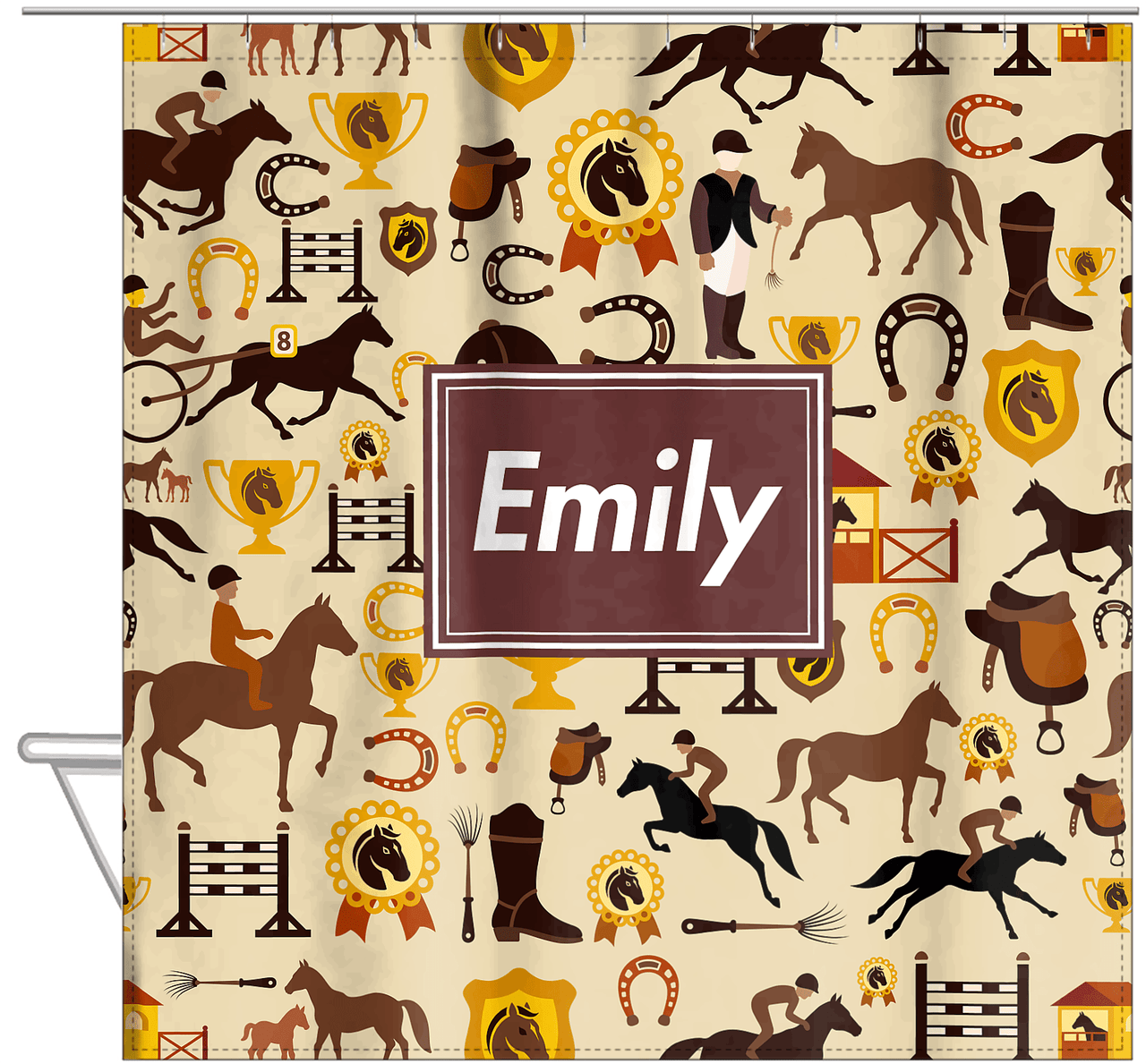 Personalized Horses Shower Curtain VI - Steeplechase - Rectangle Nameplate - Hanging View