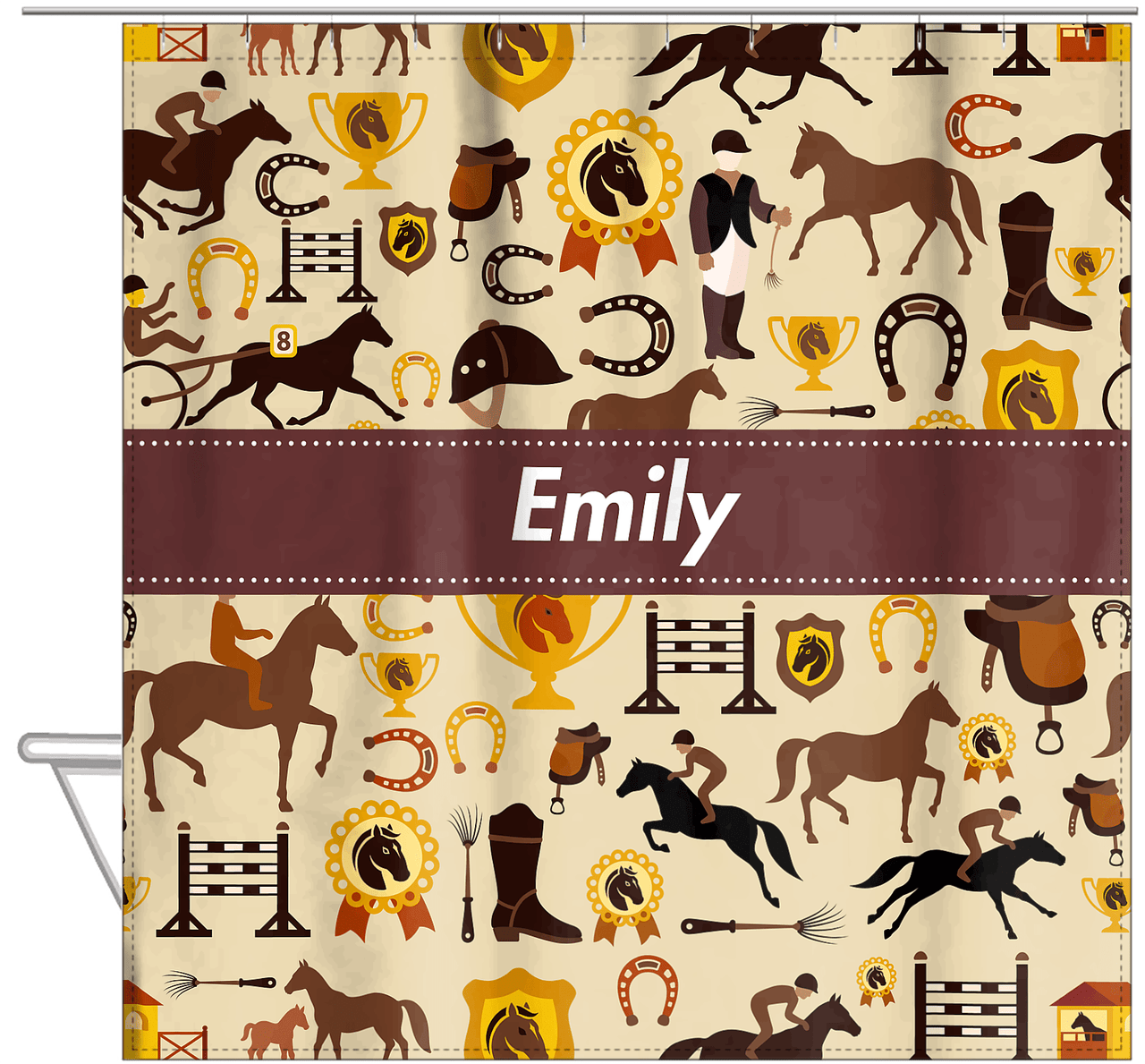 Personalized Horses Shower Curtain VI - Steeplechase - Ribbon Nameplate - Hanging View